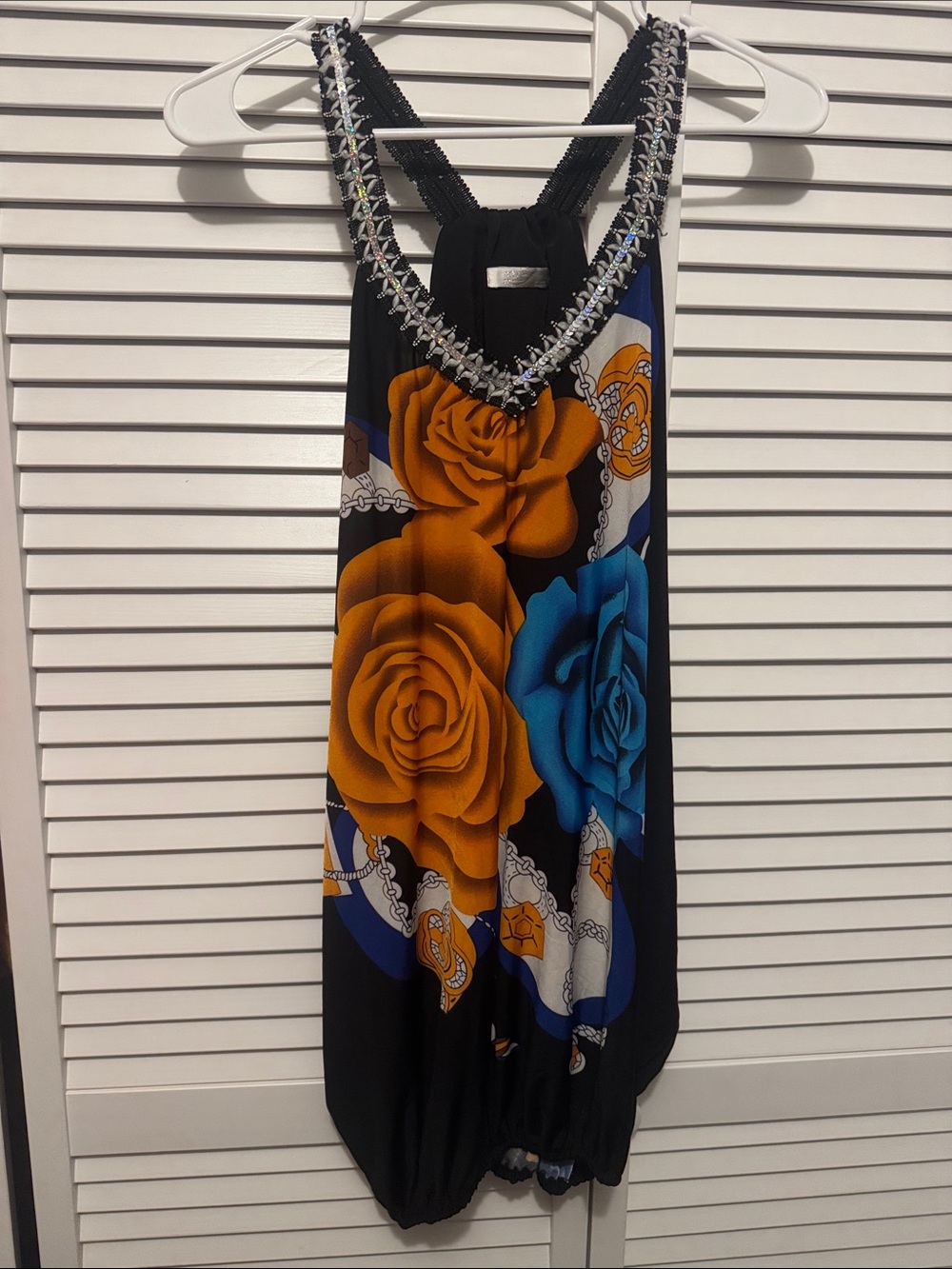 Beaded V-Neck Floral Tank Top - Black with Orange & Blue Roses